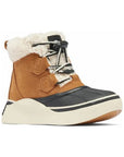 Kid's tan ankle winter lace-up boots with cream fur collar, accent black mid wrap with white midsole and tan rubber outsole.