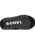 Outsole view of black Kids Sorel Whitney II Plus Snow Boots with bold SOREL branding and deep tread for enhanced grip in snowy conditions.
