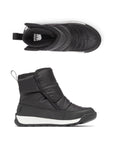 Black Sorel Whitney II Plus Bootie WP for kids shown from side and top views. Durable winter boot with waterproof protection and cozy insulation.
