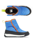Side and top views of blue Sorel Whitney II Plus Bootie WP for kids. Features pull tab, Velcro closure, and insulated waterproof design.