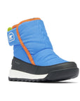Kids Sorel Whitney II Plus Snow Boots in bright blue with orange trim, waterproof and insulated for cold weather. Stylish and functional winter boots.