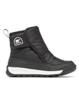 Sorel Kids Whitney II Plus Waterproof Snow Boots in black with white midsole, designed for warmth and waterproof protection.