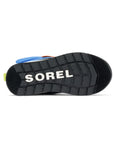 Bottom sole view of Sorel Kids Whitney II Plus Waterproof Snow Boots in blue, featuring rugged tread and bold Sorel branding.