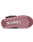 Outsole view of maroon Sorel Kids Whitney II Plus Waterproof Snow Boots showing pink tread and Sorel logo for winter traction.