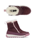 Top and side views of maroon Sorel Kids Whitney II Plus Waterproof Snow Boots with plush lining and slip-resistant sole.
