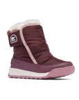 Sorel Kids Whitney II Plus Waterproof Snow Boots in maroon with pink sole and faux fur lining, perfect for cold winter days.