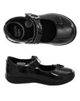 Pair of Black patent leather Mary-Janes with floral detail on toe, flower buckle on strap, Stride rite logo'd footbed and black outsole.
