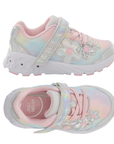Pair of A children's sneakers in pastel pink, yellow, and blue with floral applique and a Velcro strap closure with a white outsole that has light up flowers.