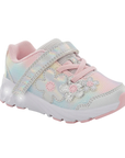 A children's sneaker in pastel pink, yellow, and blue with floral applique and a Velcro strap closure with a white outsole that has light up flowers.