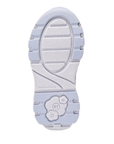 White and pale blue light textured outsole of a Stride Rite kid's sneaker with SR logo stamped at heel.