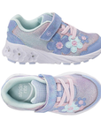 Pair of A children's sneakers in pastel blue, pink, and lavender with floral applique and a Velcro strap closure with a white outsole that has light up flowers.