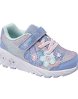 A children's sneaker in pastel blue, pink, and lavender with floral applique and a Velcro strap closure with a white outsole that has light up flowers.