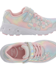 Pair of A children's sneakers in pastel pink, yellow, and blue with floral applique and a Velcro strap closure with a white outsole that has light up flowers.