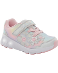 A children's sneaker in pastel pink, yellow, and blue with floral applique and a Velcro strap closure with a white outsole that has light up flowers.
