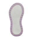 The outsole of a kid's shoe with a light purple outer edge with grooved tread patterns and a textured white center.
