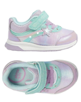 Pair of A toddler's light-up sneakers in pastel pink and mint green, featuring a mesh upper, a hook-and-loop strap, a star-shaped accent, and a white outsole.
