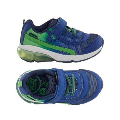 Childrens blue and green light-up sneakers with Velcro straps, flexible rubber outsole, and green accents.