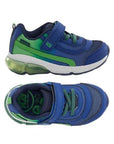 Childrens blue and green light-up sneakers with Velcro straps, flexible rubber outsole, and green accents.
