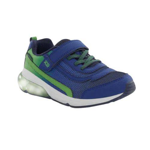 Blue sneaker with a white sole, Velcro strap, and flexible rubber outsole.