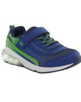 Blue sneaker with a white sole, Velcro strap, and flexible rubber outsole.