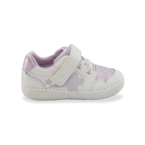 Side view of Stride Rite Waverly toddler sneaker featuring flexible outsole, lavender accents, and easy Velcro closure for first-time walkers.