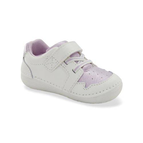 Kids Stride Rite Waverly sneaker in white leather with lavender mesh, Velcro strap, and memory foam footbed for toddler comfort and support.