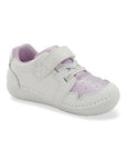 Kids Stride Rite Waverly sneaker in white leather with lavender mesh, Velcro strap, and memory foam footbed for toddler comfort and support.