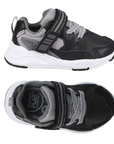 Pair of Black and grey kids sneakers with white outsole.