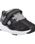 Black and grey kids sneaker with white outsole.