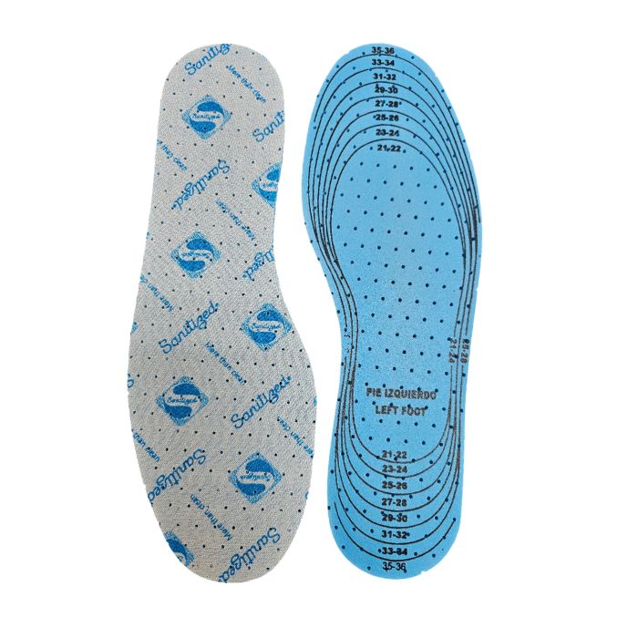 Pair of blue insoles with trim lines on the bottoms.
