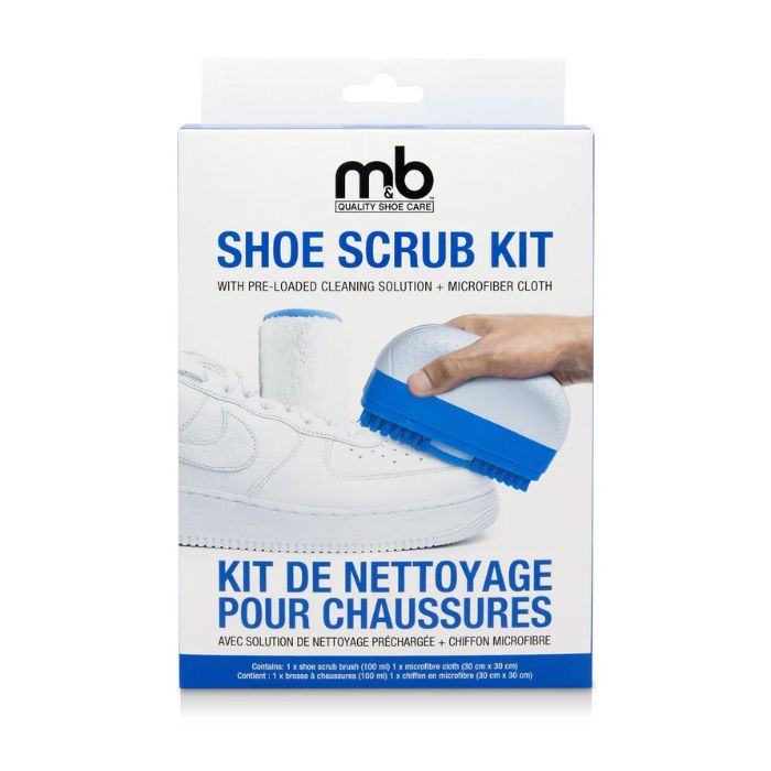 White and blue box of shoe scrub kit showing brush, a white shoe and Moneysworth and Best Labels and product information.