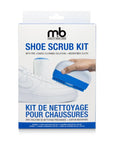 White and blue box of shoe scrub kit showing brush, a white shoe and Moneysworth and Best Labels and product information.