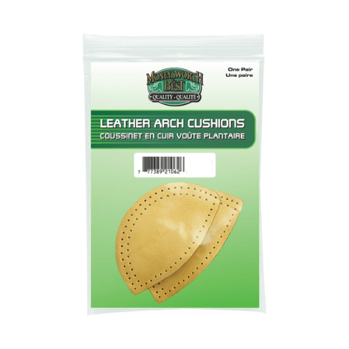 Leather Arch Cushions - Self-Adhesive Leather Foot Support in tan color, packaged as one pair for shoe insert use. Ideal for reducing foot fatigue.