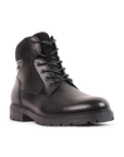 Black leather boot with laces and treaded outsole.
