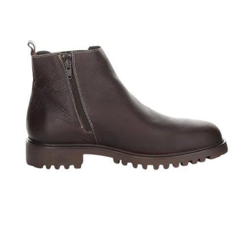Profile view of Dax boot in brown, displaying inside zipper.