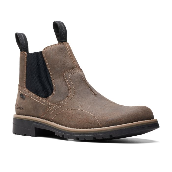 Stone brown Chelsea boot with dark elastic goring, heel pull tabs and outsole.