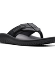 Men's Clarks Wesley Sun Toe Post Sandal in black leather with ergonomic EVA sole and shock-absorbing outsole for enhanced comfort.