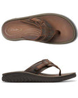 Top and side view of Clarks Wesley Sun men's leather toe post sandal in brown, featuring cushioned EVA insole and adjustable strap.
