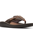 Men's Clarks Wesley Sun Toe Post Sandal in beeswax leather with EVA footbed and durable treaded outsole for all-day comfort and grip.