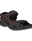 An Ecco Yucatan dark brown nubuck sandal with black accents on velcro heel, instep and toe straps. Footbed, midsole and outsole are black.