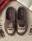 Haflinger Coffee Wool Slipper on cozy rug with coffee beans, ideal men's slipper for mornings, warm, washable, and coffee-themed.