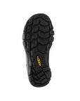 Black treaded outsole with yellow Keen logo on heel.