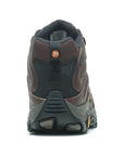 Rear view of men's Merrell Moab 3 Thermo Mid waterproof hiking boot in brown, highlighting padded collar and heel stability design.