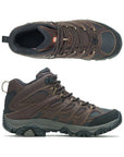 Top and side view of brown Merrell Moab 3 Thermo Mid waterproof hiking boots for men, showcasing durable build and cushioned ankle support.
