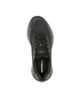 Top of a Black mesh sneaker with grey speckled design, black Merrell logo'd footbed and black laces.