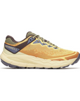Men's Merrell Nova 4 Trail Sneakers in orange and yellow with breathable mesh upper, cushioned heel, and durable rubber outsole for rugged terrain.