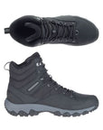 Top and side views of the Merrell Akita Mid WP Thermo Boot showing lace-up design, padded collar, and waterproof leather construction.