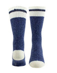 Pair of Navy wool socks with white cuff, toe and heel; with dark navy stripe detail through cuff