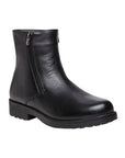 Men's black leather ankle boot with zippers on each side and a black treaded outsole.