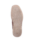Light brown lightly treaded outsole with Rieker logo on heel.